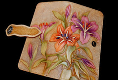 Handcraft vintage hand painting carved lily flower leather long wallet for women - EverHandmade