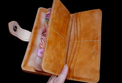 Handcraft vintage hand painting carved lily flower leather long wallet for women - EverHandmade