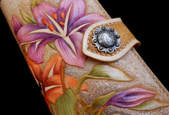 Handcraft vintage hand painting carved lily flower leather long wallet for women - EverHandmade