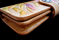 Handcraft vintage hand painting carved lily flower leather long wallet for women - EverHandmade