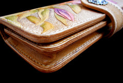 Handcraft vintage hand painting carved lily flower leather long wallet for women