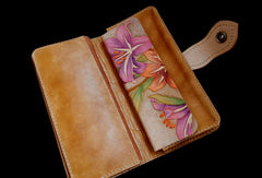 Handcraft vintage hand painting carved lily flower leather long wallet for women - EverHandmade