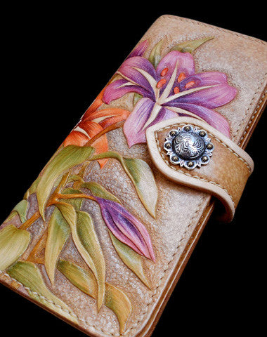 Handcraft vintage hand painting carved lily flower leather long wallet for women