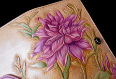 Handcraft vintage hand painting Dahlia pinnata leather long wallet for women - EverHandmade