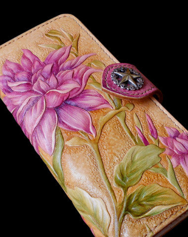 Handcraft vintage hand painting Dahlia pinnata leather long wallet for women