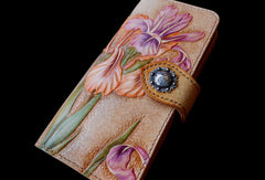 Handcraft vintage hand painting Irises flower leather long wallet for women - EverHandmade