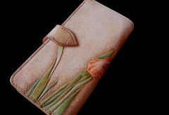 Handcraft vintage hand painting Irises flower leather long wallet for women - EverHandmade
