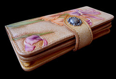 Handcraft vintage hand painting Irises flower leather long wallet for women - EverHandmade