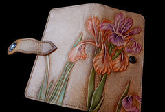 Handcraft vintage hand painting Irises flower leather long wallet for women