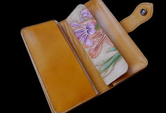 Handcraft vintage hand painting Irises flower leather long wallet for women - EverHandmade