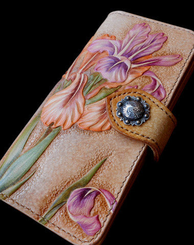 Handcraft vintage hand painting Irises flower leather long wallet for women