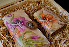 Handcraft vintage hand painting lily leather long/keys wallet for women