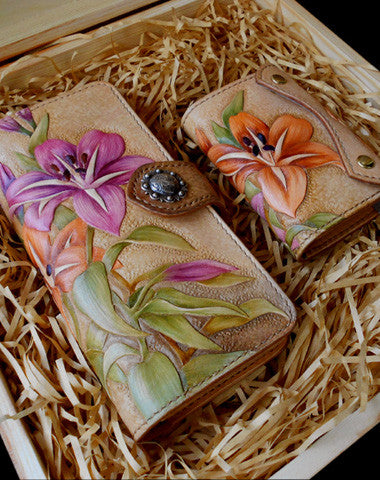 Handcraft vintage hand painting lily leather long/keys wallet for women