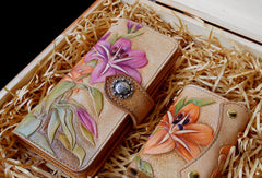Handcraft vintage hand painting lily leather long/keys wallet for women