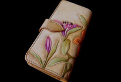 Handcraft vintage hand painting lily leather long/keys wallet for women
