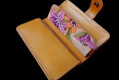 Handcraft vintage hand painting lily leather long/keys wallet for women