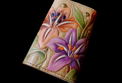 Handcraft vintage hand painting lily leather long/keys wallet for women