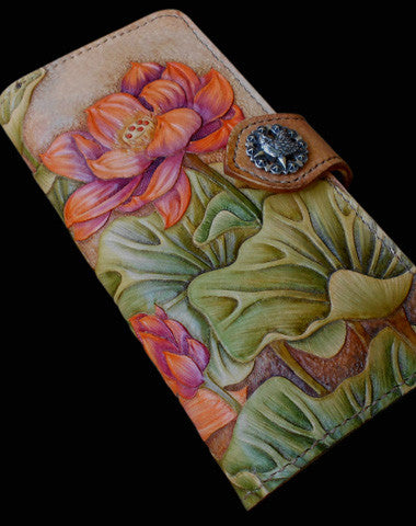 Handcraft vintage hand painting lotus flower leather long wallet for women - EverHandmade