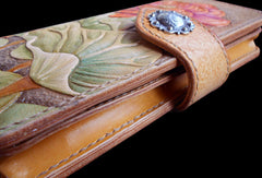 Handcraft vintage hand painting lotus flower leather long wallet for women - EverHandmade