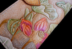 Handcraft vintage hand painting lotus flower leather long wallet for women - EverHandmade