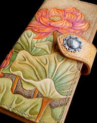 Handcraft vintage hand painting lotus flower leather long wallet for women - EverHandmade