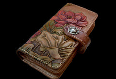Handcraft vintage hand painting lotus flower leather ID card wallet for women