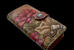 Handcraft vintage hand painting lotus flower leather ID card wallet for women - EverHandmade