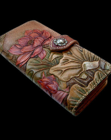 Handcraft vintage hand painting lotus flower leather ID card wallet for women - EverHandmade