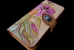 Handmade women wallet vintage carved lily flower leather long wallet/hip bag for women