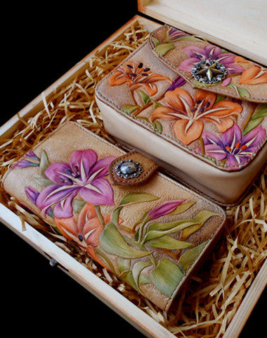 Handmade women wallet vintage carved lily flower leather long wallet/hip bag for women