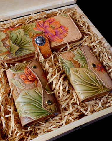 Handmade Womens Wallet tooled lotus flower leather long wallet for women - EverHandmade