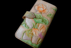 Handmade Womens Long Wallet tooled lotus flower leather long wallet for women - EverHandmade
