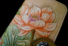 Handmade Womens Long Wallet tooled lotus flower leather long wallet for women