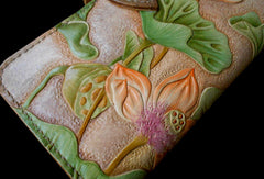 Handmade Womens Long Wallet tooled lotus flower leather long wallet for women - EverHandmade