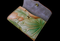 Handmade Womens Long Wallet tooled lotus flower leather long wallet for women - EverHandmade