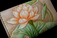 Handmade Womens Long Wallet tooled lotus flower leather long wallet for women - EverHandmade