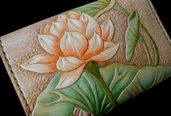 Handmade Womens Long Wallet tooled lotus flower leather long wallet for women