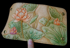 Handmade Womens Long Wallet tooled lotus flower leather long wallet for women - EverHandmade