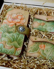 Handmade Womens Long Wallet tooled lotus flower leather long wallet for women - EverHandmade