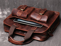 Red Brown Leather Mens 14 inches Large Laptop Work Bag Handbag Briefcase Shoulder Bags Business Bags For Men