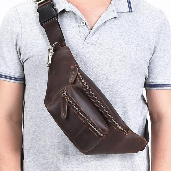 Brown MENS LEATHER FANNY PACK BUMBAG Hip - Back View