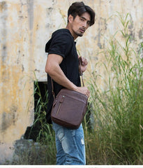 Cool Brown Leather Mens Vertical Side Bag Postman Bag Small Messenger Bags Courier Bag for Men