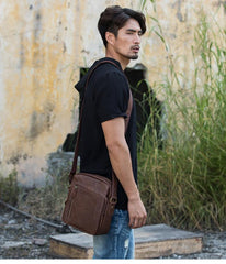 Cool Brown Leather Mens Vertical Side Bag Postman Bag Small Messenger Bags Courier Bag for Men