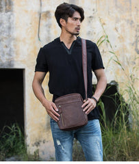 Cool Brown Leather Mens Vertical Side Bag Postman Bag Small Messenger Bags Courier Bag for Men