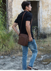 Cool Brown Leather Mens Vertical Side Bag Postman Bag Small Messenger Bags Courier Bag for Men