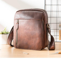 Cool Brown Leather Mens Vertical Side Bag Postman Bag Small Messenger Bags Courier Bag for Men