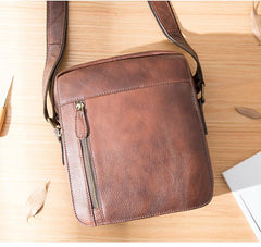 Cool Brown Leather Mens Vertical Side Bag Postman Bag Small Messenger Bags Courier Bag for Men