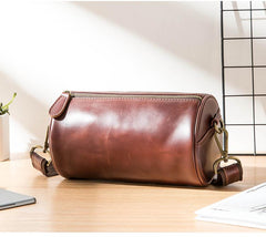 Red Brown Cool Leather Mens 8 inches Barrel Side Bag Bucket Messenger Bags Courier Bag for Men