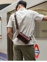 Red Brown Cool Leather Mens 8 inches Barrel Side Bag Bucket Messenger Bags Courier Bag for Men
