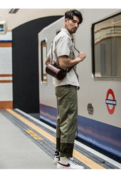 Red Brown Cool Leather Mens 8 inches Barrel Side Bag Bucket Messenger Bags Courier Bag for Men
